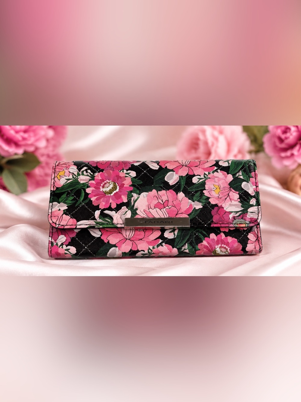 Tahari Pink Floral Wallet Clutch with Metal Logo